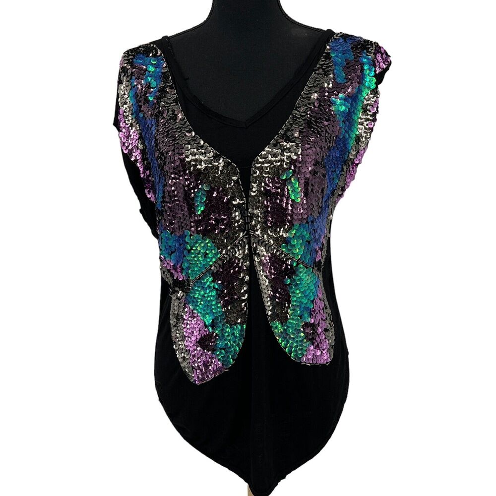 New Arden B Butterfly Sequin Front Short Sleeve Festival Tee Small